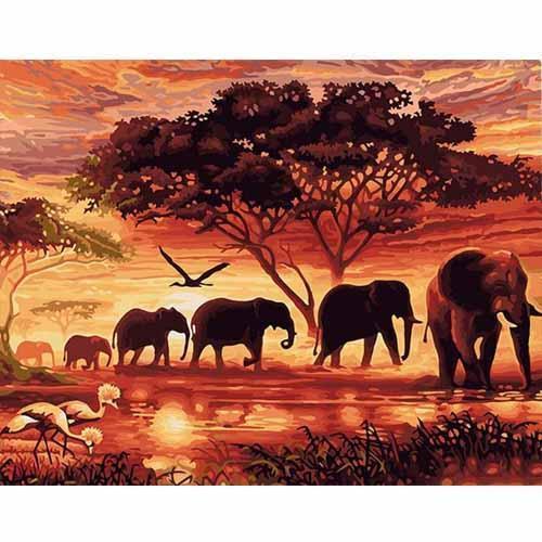 CHENISTORY Sunset Elephants Animals DIY Painting