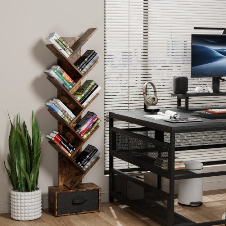 9 Tier Tree Bookshelf With Drawer Bookcase For Home Office