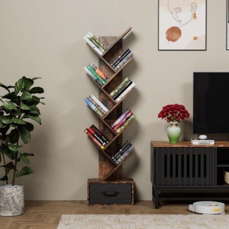 9 Tier Tree Bookshelf With Drawer Bookcase For Home Office
