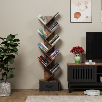 9 Tier Tree Bookshelf With Drawer Bookcase For Home Office